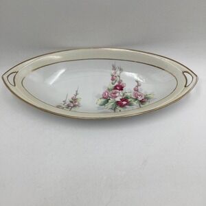 Vintage Nippon Hand Painted Floral Celery Gold Trim Pink Roses Porcelain tray